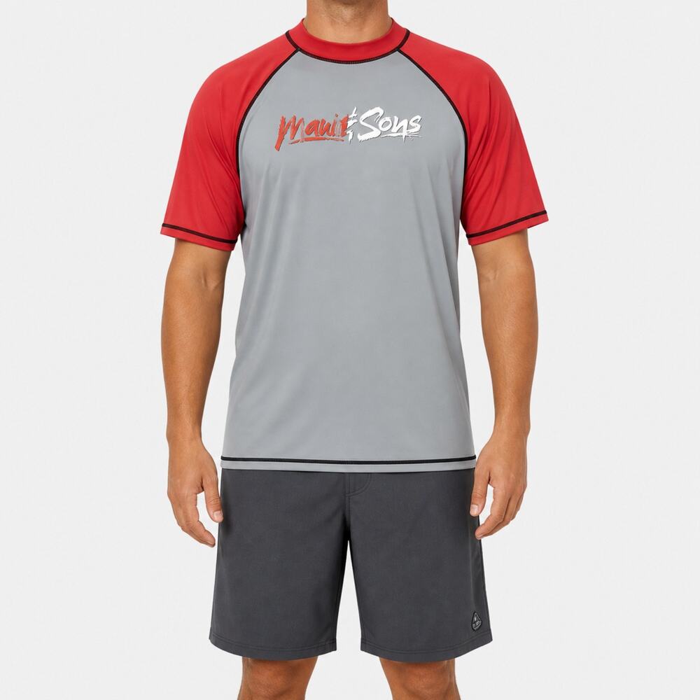 Maui and Sons Shirt Mens XL Gray Red UPF 50+ Rashguard Swim Surf Sun Protection